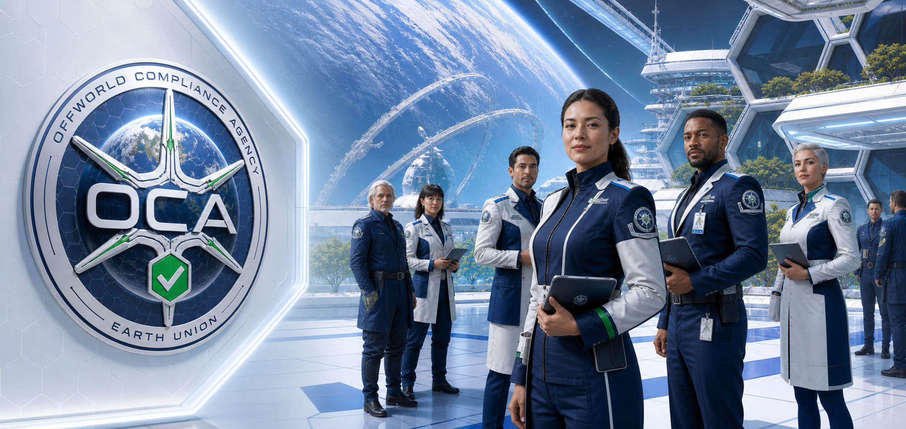 Offworld Compliance Agency officers and registered operators standing beneath a large OCA seal on an orbital concourse.